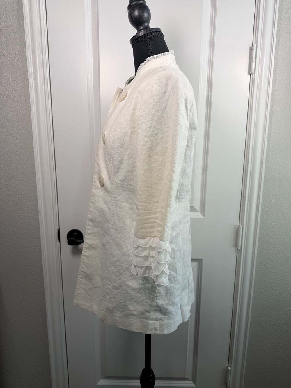 Multiples Ivory Linen Blend Ruffle Trim Mock Neck Coat Jacket Size S - Picture 3 of 6